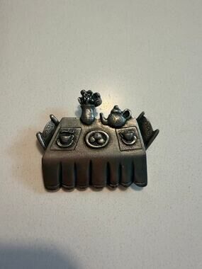 Vintage Danforth Pewter Tea Party Brooch Pin Signed 1990 Teapot Table Scene